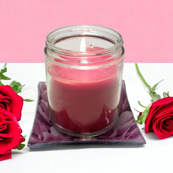 Glass Candle Drip Dish Plate 4" ROSE PETALS Violet Pink Square Romantic Vintage - Picture 3 of 16